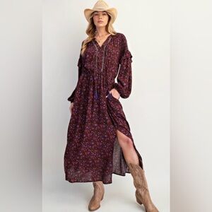 easel blk flrl ruff slv tassel tie maxi Drss WM 1X Western Cottagecore